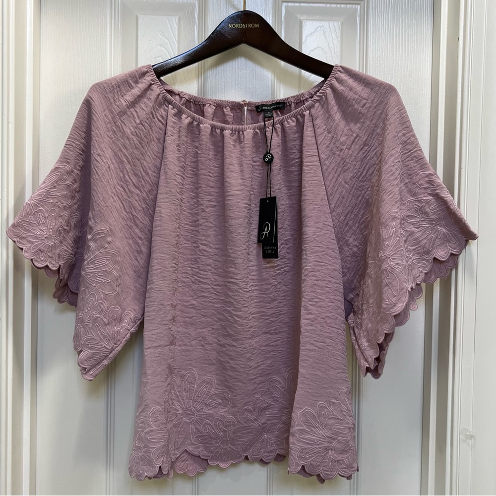 Adrianna Papell Off The Shoulder Embroidered Floral Trim Top Mauve NWT Size M